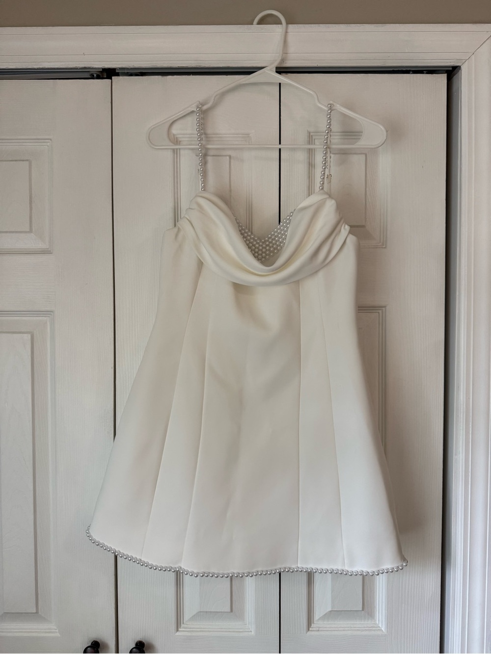 Meshki White Pearl-Trim Cowl Neck Formal Dress